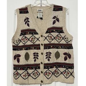 Vintage Northern Reflections Beige Fair Isle Leaf Pattern Sweater Vest, Size L